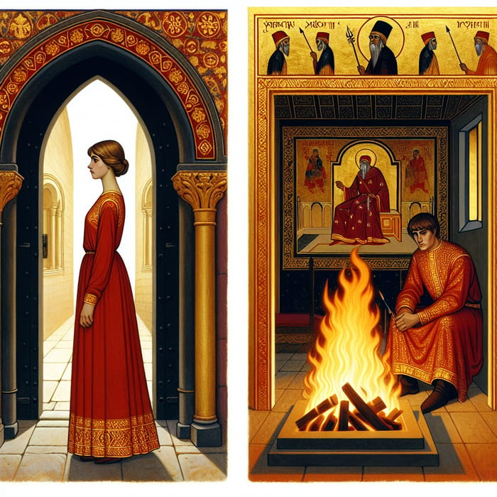 Opulent Byzantine Style - Young Woman in Red Dress near King by Glowing Fire