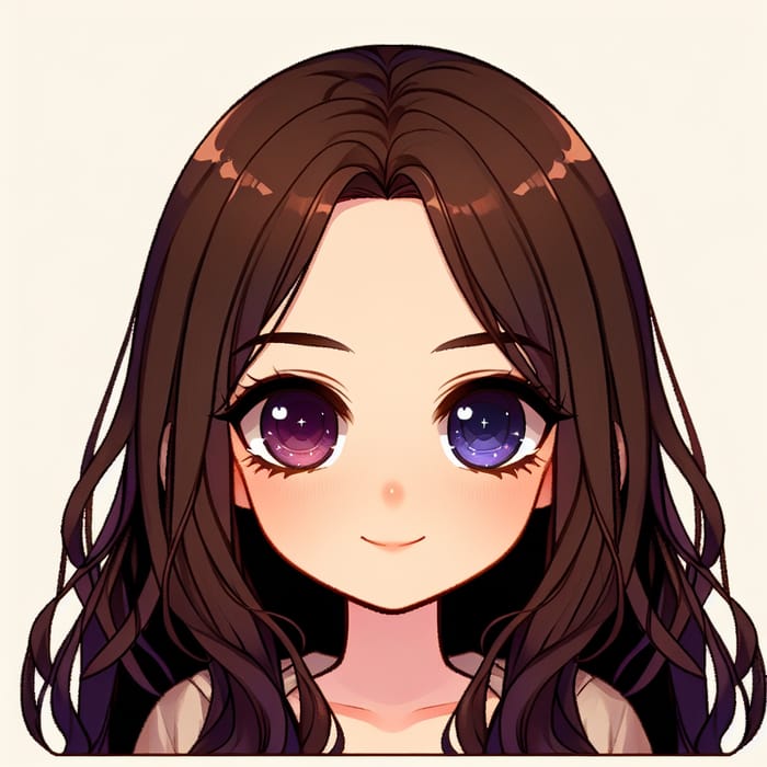 Mexican Anime Style Girl with Long Dark Brown Hair and Unique Purple Blue Eyes