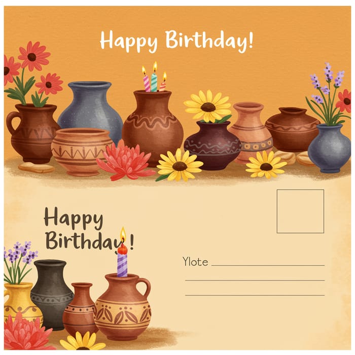 Happy Birthday Postcard with Flower Decorations