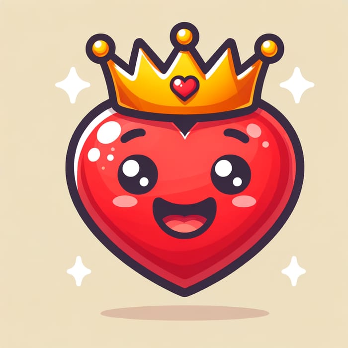 Joyful Red Heart with Golden Crown Cartoon Illustration