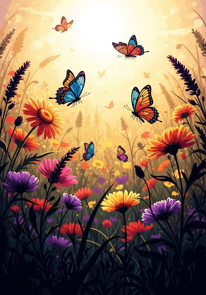 Vibrant Meadow of Blooming Wildflowers & Butterflies Vibrant Meadow of Blooming Wildflowers & Butterflies