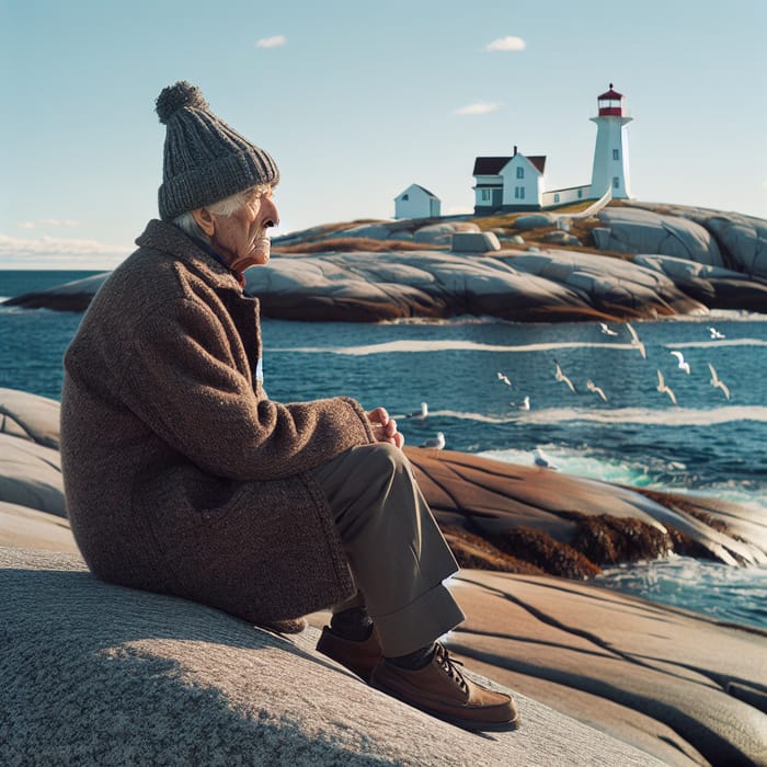 Senior Citizen Sitting on Rock at Peggy's Cove