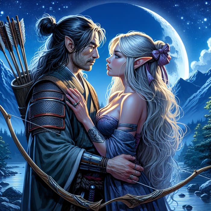 Romantic Samurai & High Elf Archer Embrace Under Starry Skies