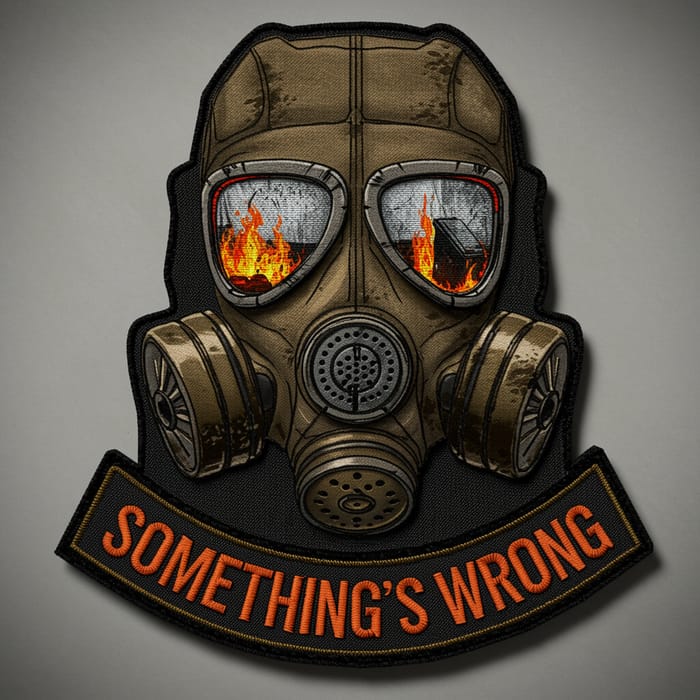 Military Gas Mask Patch with Dumpster Fire Reflection