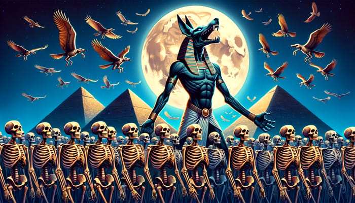 Anubis Transformed: Skeletal Visage, Moonlit Pyramids & Army of Skeletons