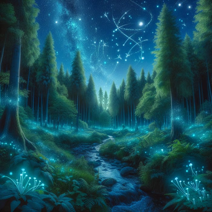 Magical Night Glowing Forest: Enchanted Flora & Celestial Harmony