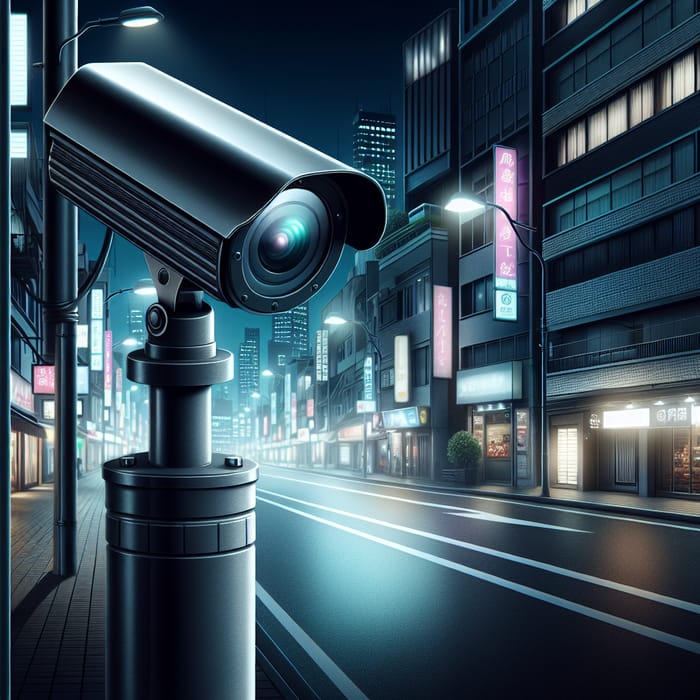 Urban Night Scene with CCTV Camera on City Street