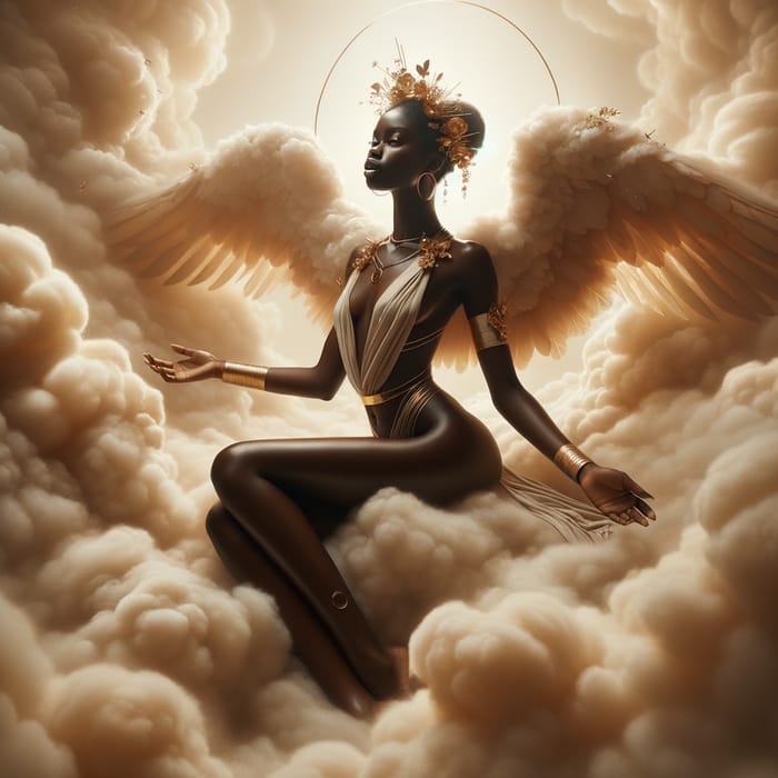 Majestic Black Woman: Heavenly Pose amidst Ethereal Clouds