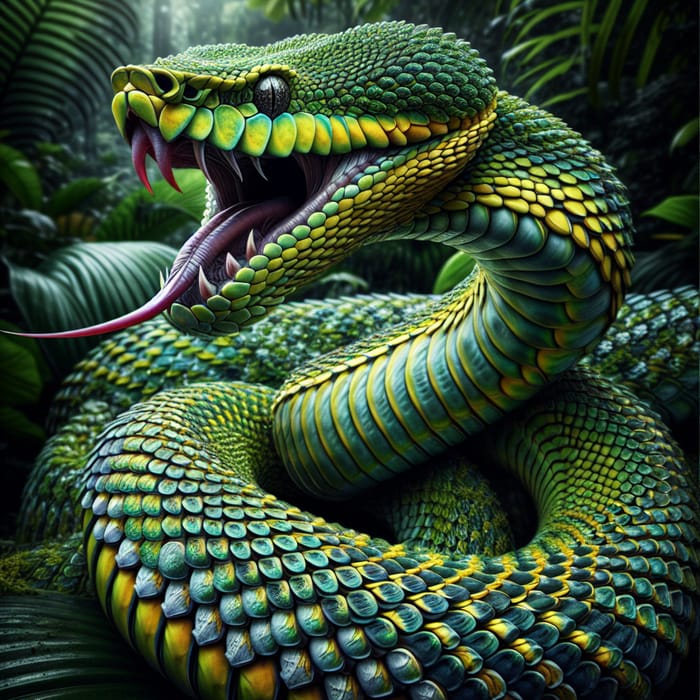 Vibrant Green and Yellow Coiled Serpent in Tropical Rainforest