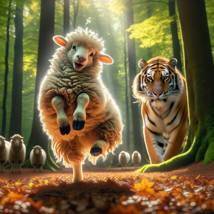 Dancing Sheep and Majestic Tiger in Enchanting Forest