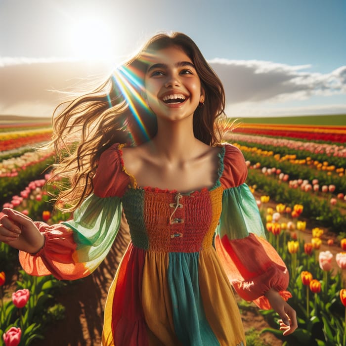 Smiling Teenage Girl Running in Tulip Field