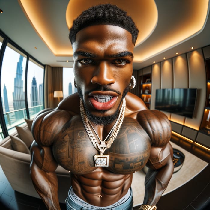 Hyper-Realistic African-American Bodybuilder in Dubai with Diamond Grillz