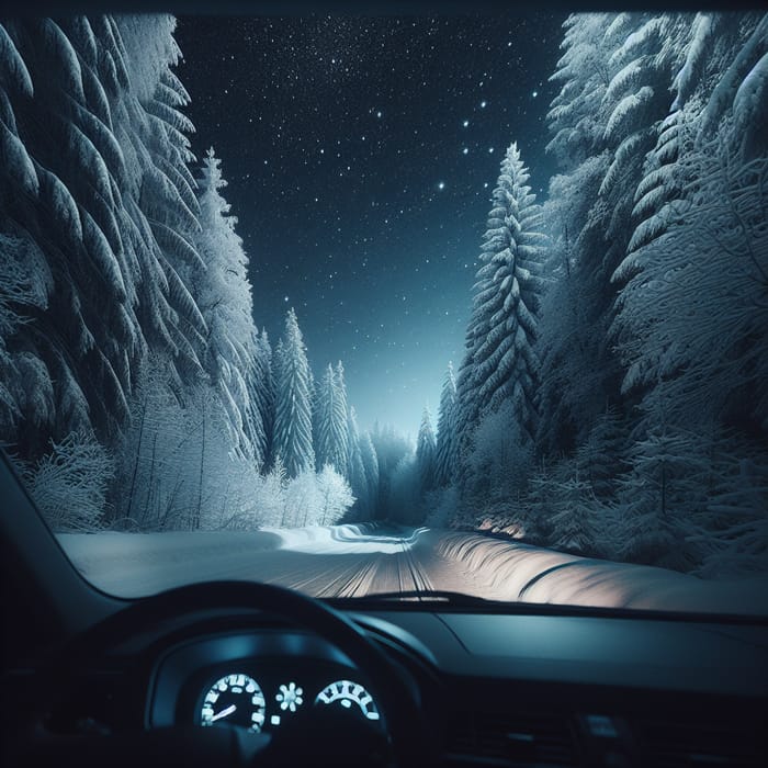 Night Winter Forest View from Car Window