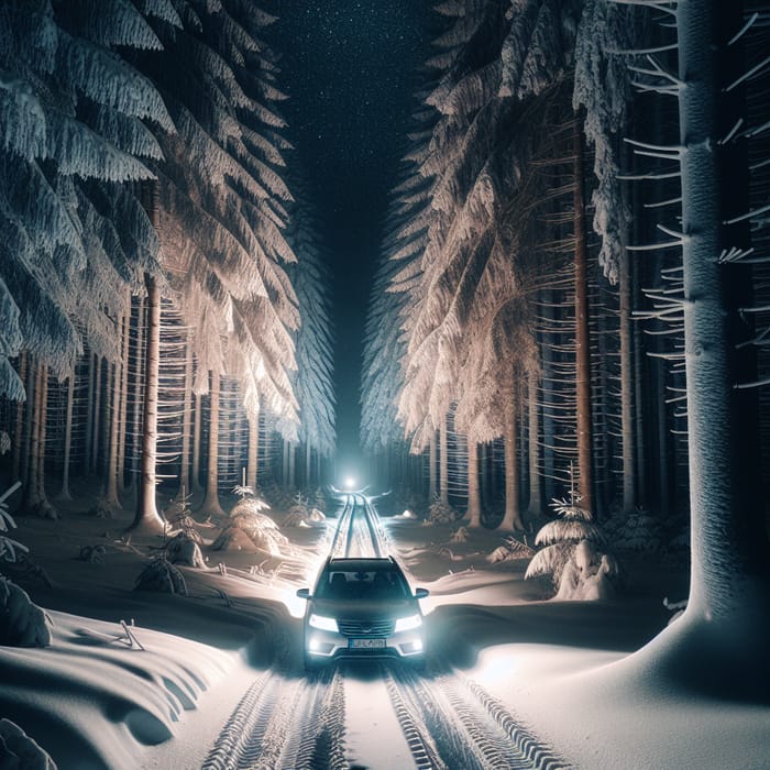 Night Forest Drive: Car Through Snowy Path in Enchanting Winter Wonderland