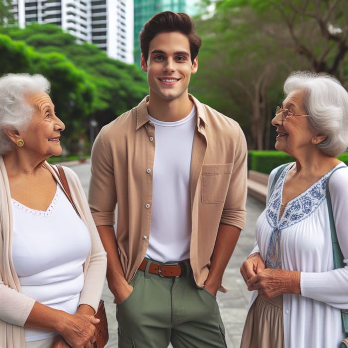 A Young Man with Two Elderly Women in a Park