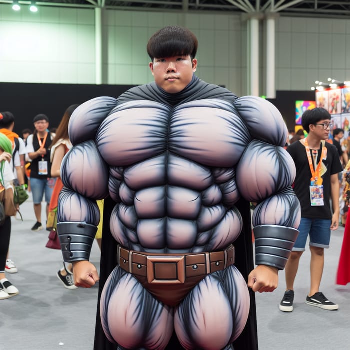 Man Standing in Enlarged Costume with Attention-Grabbing Bulge