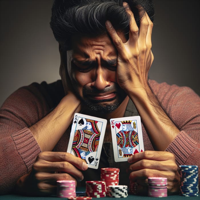 Distraught Man Holding Queen and King Cards - Poker Game Illustration