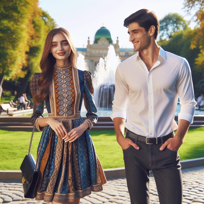 Azerbaijani Woman and Russian Man in Beautiful Park | Multicultural Encounter