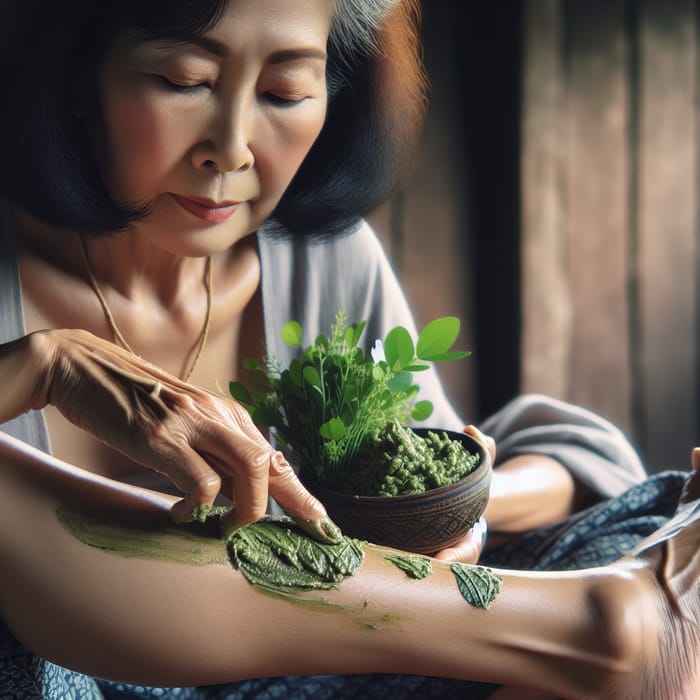 Thai Woman Using Herbal Ointment for Varicose Veins Treatment