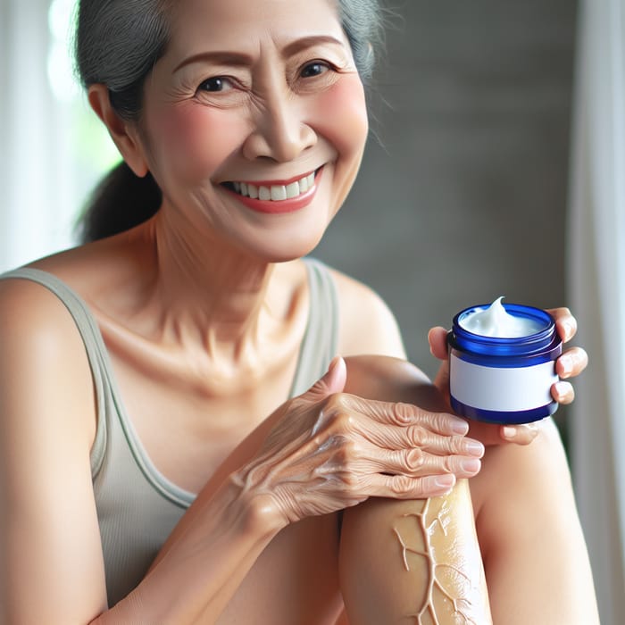 Thai Woman Smiling While Treating Varicose Veins with Herbal Ointment