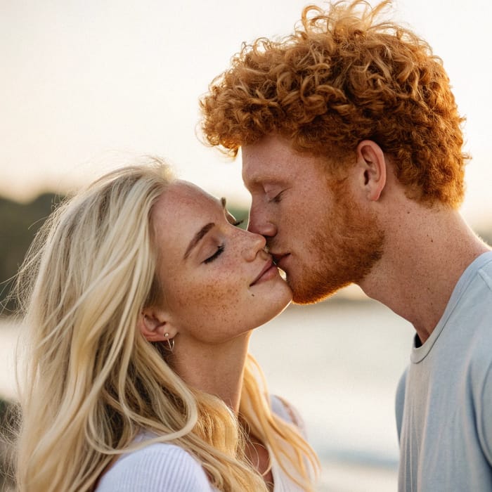 Blonde Woman Kissing Redheaded Man - Romantic Moment