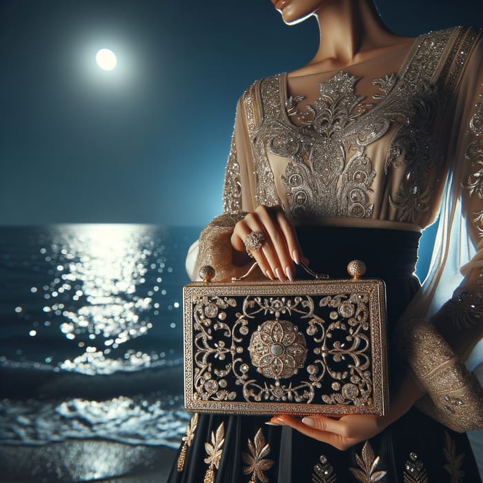 Elegant Woman Admiring the Sea at Night with Designer Purse