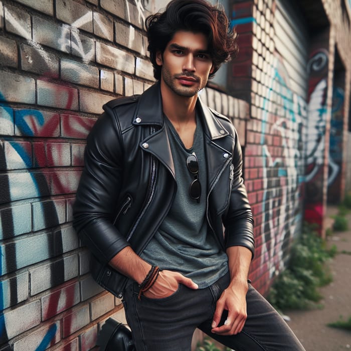 Cool Guy Poses by Graffiti Brick Wall