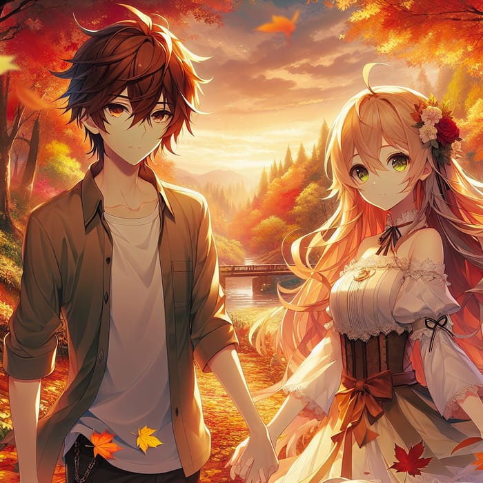 Anime Boy and Girl Holding Hands in Autumn Sky - Scenic 2D Art