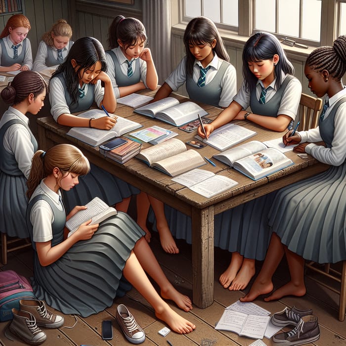 Barefoot Schoolgirls Studying Together in Harmony