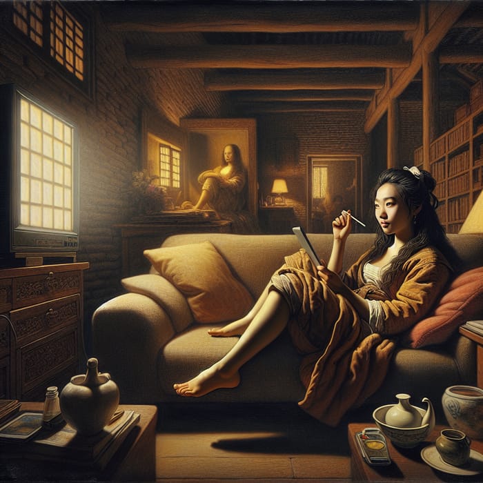 Elegant Asian Woman Portrait in Chiaroscuro Style | Cozy Study Scene