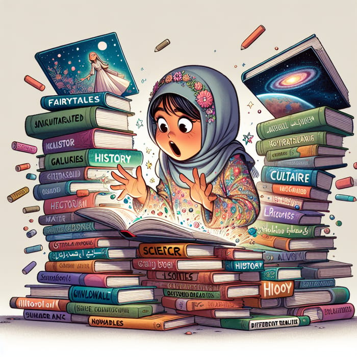 Curious Girl Diving into Books