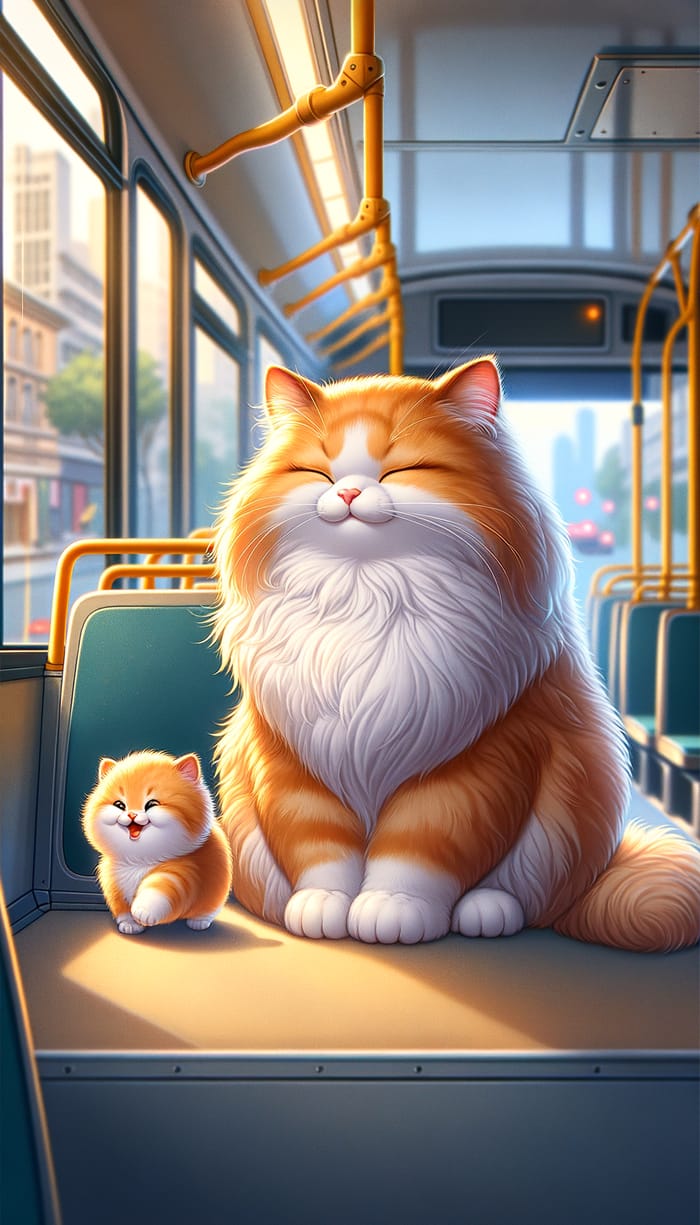 Happy Orange Cat and Kitten on a City Bus