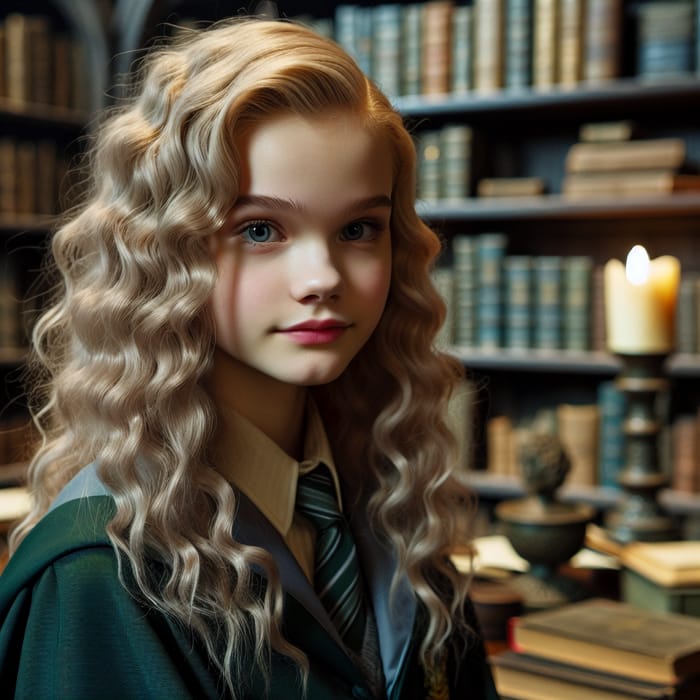 Blond Slytherin Girl with Blue Eyes in Castle Library