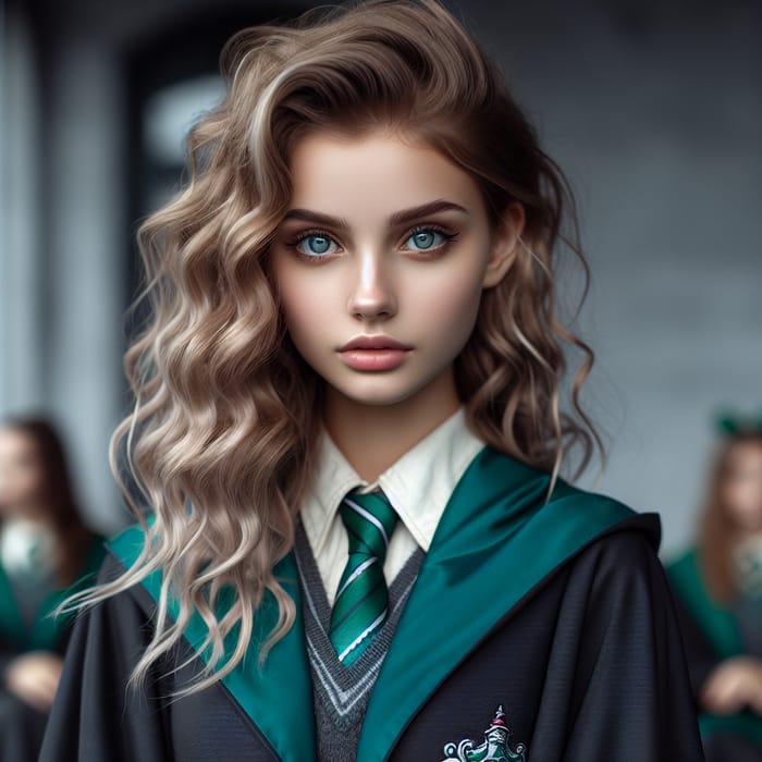 Blond Wavy Slytherin Girl with Grayish-Blue Eyes in Year 5