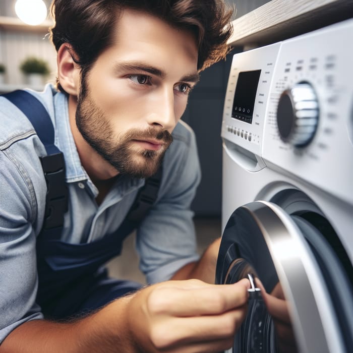 Caucasian Male Service Person Inspecting Washing Machine Lid Switch