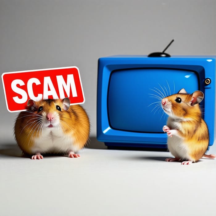 Funny Hamster and Blue TV - Avoid the Scam Sign