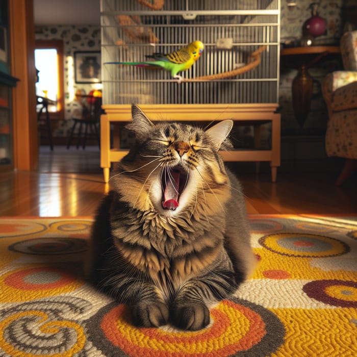 Adorable Tabby Cat Yawning on Vibrant Rug - Delightful Moment