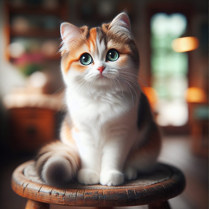 Adorable Cat with White and Orange Fur on Vintage Stool