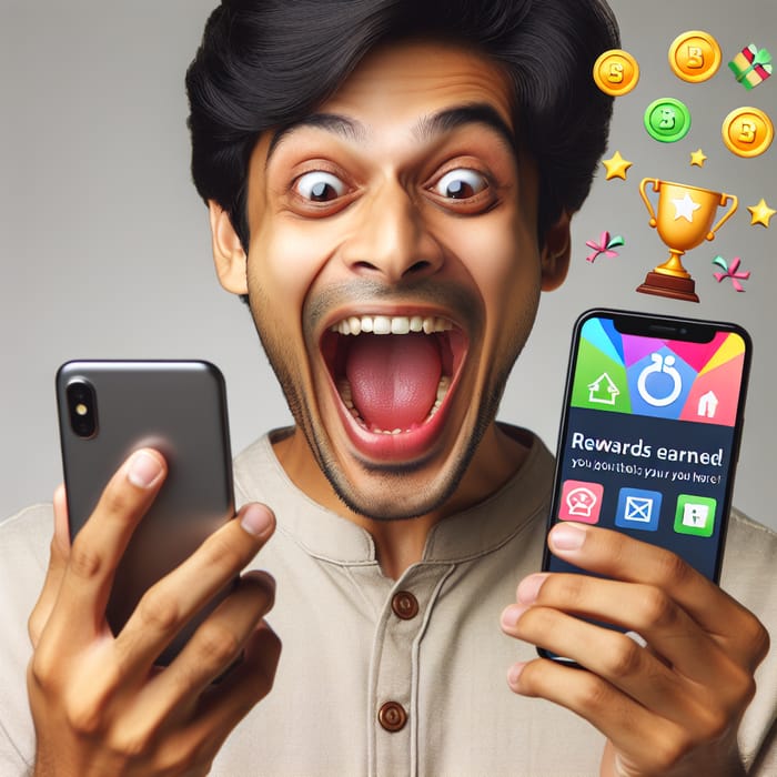 Excited Indian Man Earning Rewards with Mobile Phone