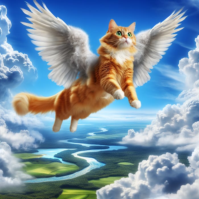 Ginger Cat With Wings Soars in Blue Sky