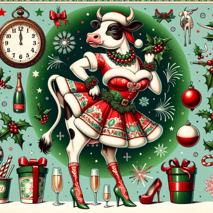 New Year Cow Pin-Up | Festive Whimsical Scene