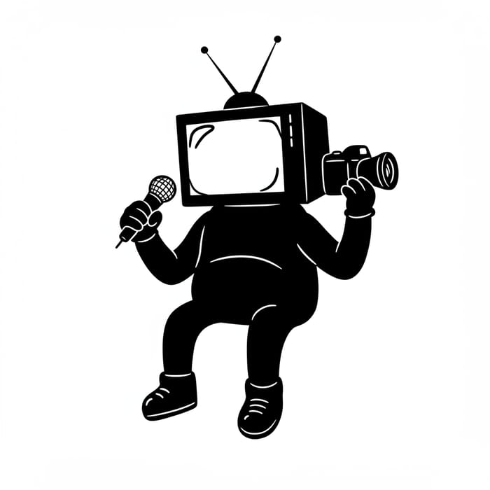 Black Television Mascot with Microphone & Camera Black Television Mascot with Microphone & Camera