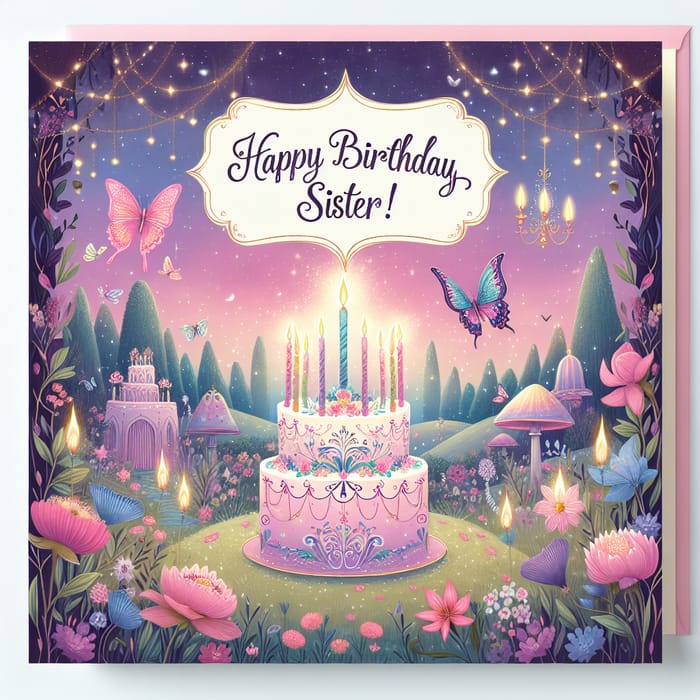 Magical Garden Birthday Card for Sister - Dreamy Fairy-Tale Design Featuring Whimsical Butterflies and Flowers