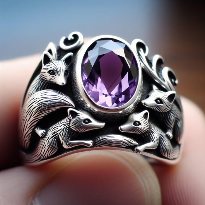 Silver Men's Ring with Amethyst Stone and Fox Cubs Design Silver Men's Ring with Amethyst Stone and Fox Cubs Design