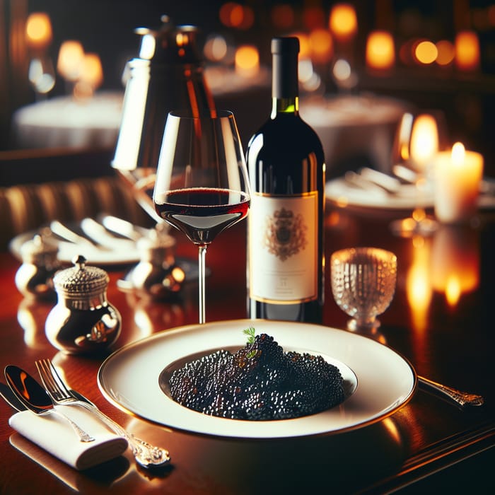 Exquisite Black Caviar Display with White Plate and Red Wine