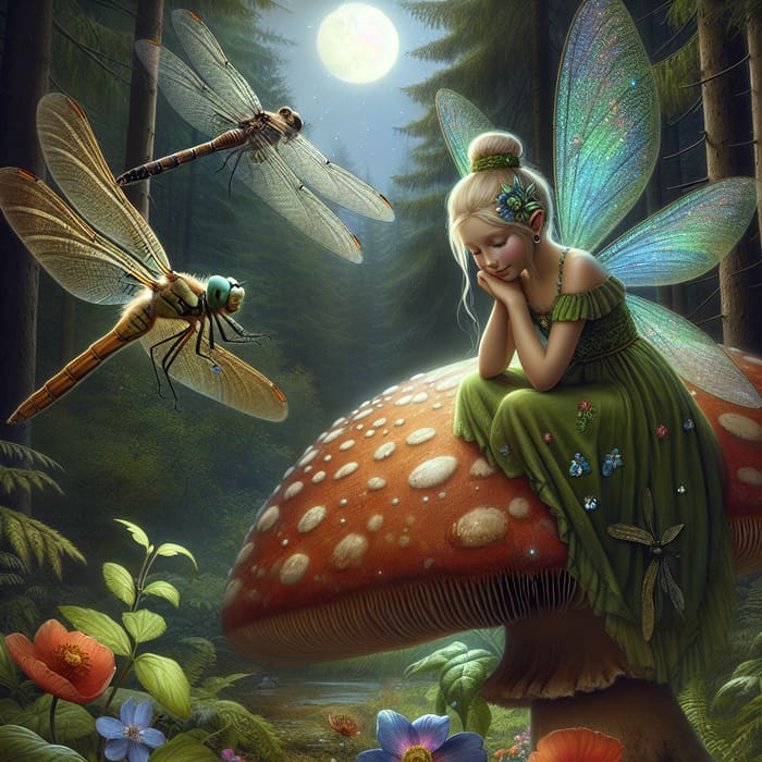 Magical Fairy Sitting on Giant Mushroom Leaf