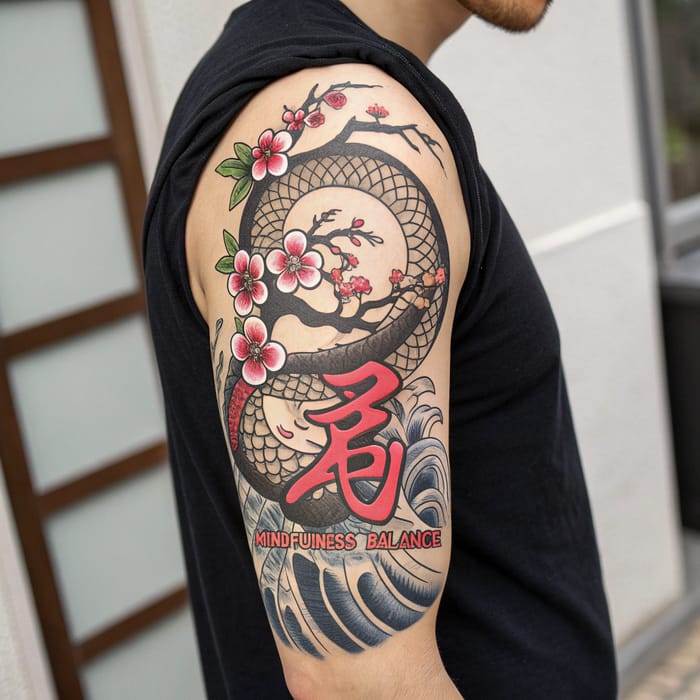 Japanese Half Sleeve Tattoo - Ouroboros & Cherry Blossoms