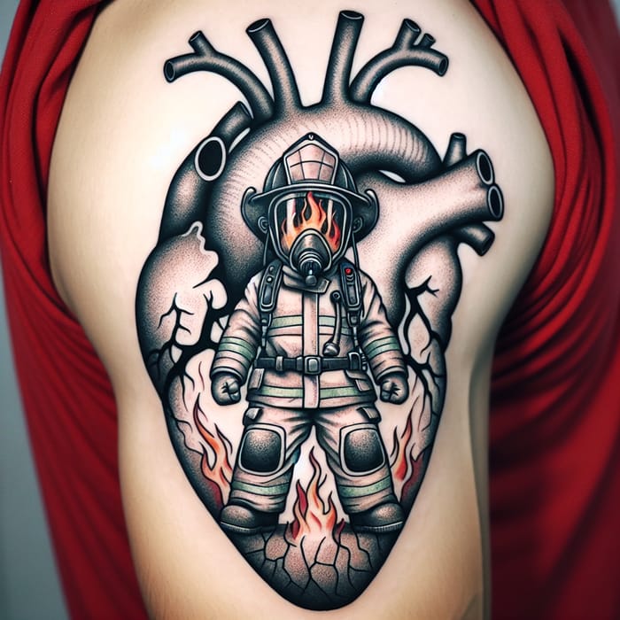 Intricate Heart Muscle Tattoo with Firefighter and Flames Design