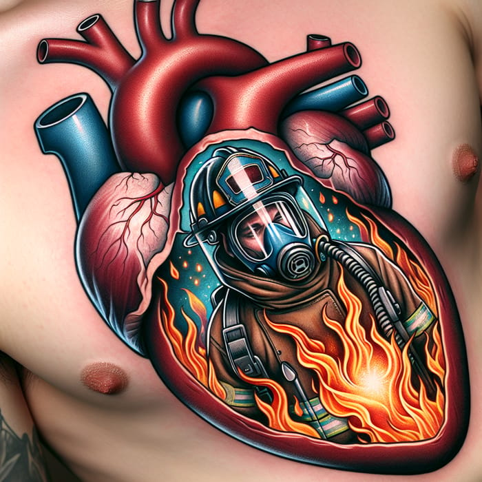 Heart Muscle Tattoo with Firefighter Battling Flames Inside