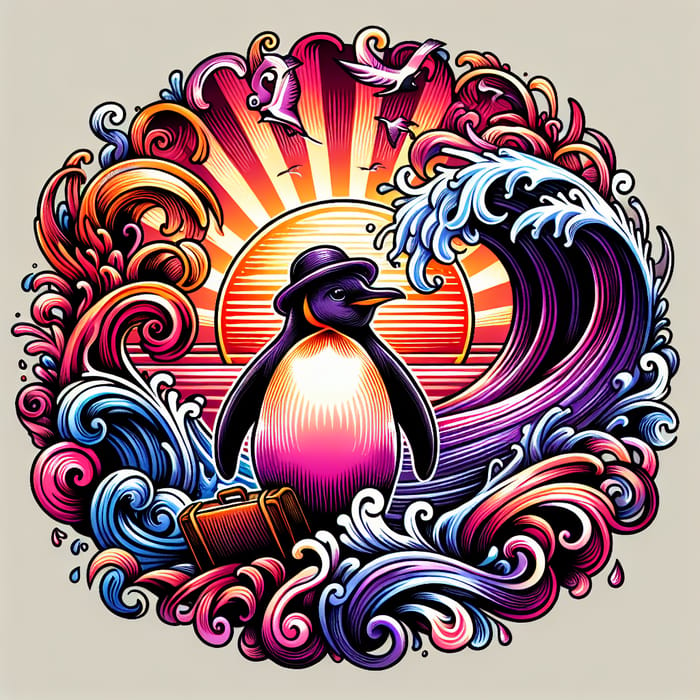 Sunset Wave Penguin Tattoo - Colorful Design